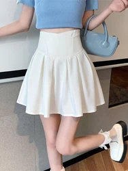 Zoki Fashion Zipper Women Korean White Skirt Sweet High Waist Pleated A Line Mini Skirts Summer Preppy Style Female Dance Skirt