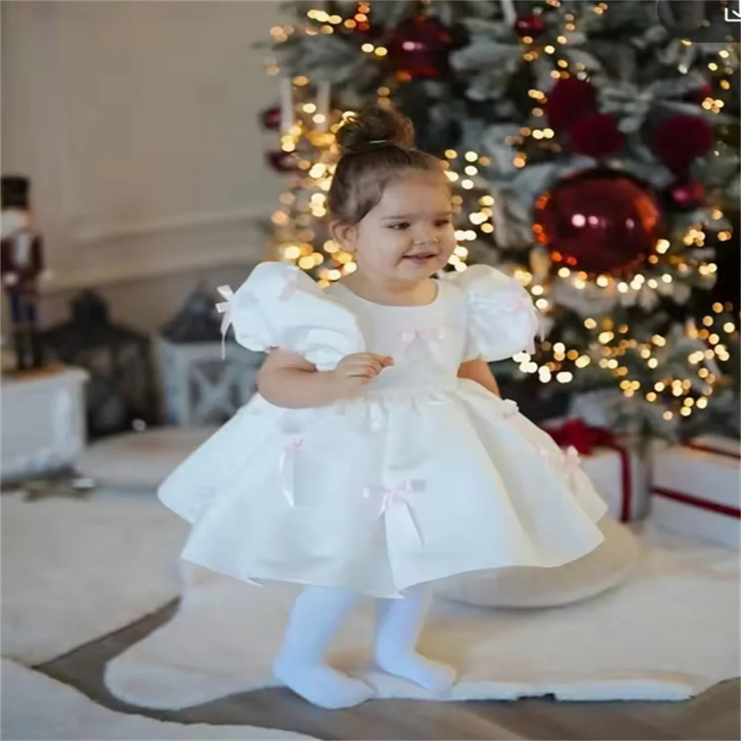 lvory Satin Girl Flowers Dress Bow Short Sleeves A Line Ball Gowns Princess Pleated Birthday Dress Customized
