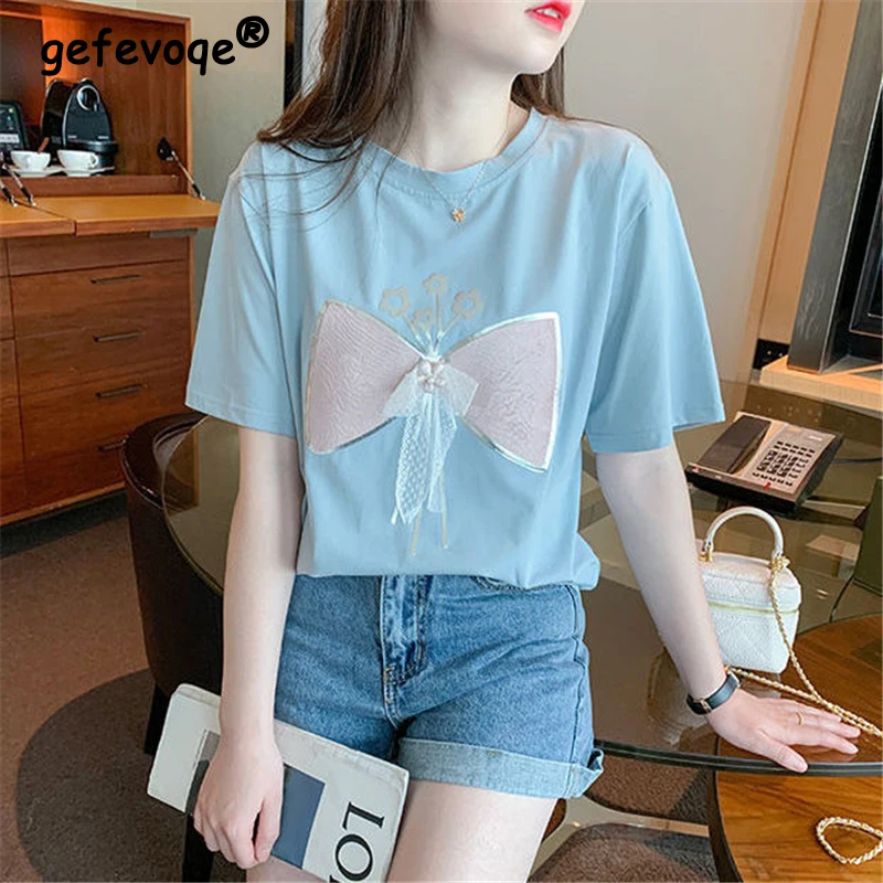 

2023 Summer Women Trendy Print Bow Sweet Chic Kawaii Cotton T Shirt Y2K Casual Streetwear Short Sleeve Loose Tops Ropa De Mujer