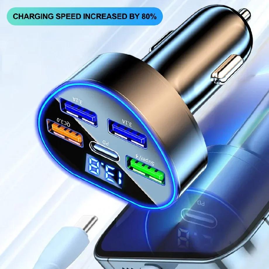 320W Car Phone Charger USB Type C Super Fast Charge in Car with LED Voltage Monitor for IPhone Samsung Huawei Oneplus Vivo Oppo