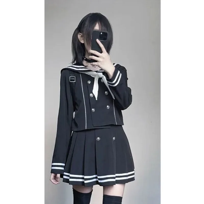 Japanese Subculture Retro Cosplay Costume Sailor JK Uniform Y2k Tops Mini Pleated Skirt Suit for Women Elegant Two Peice Sets view 4