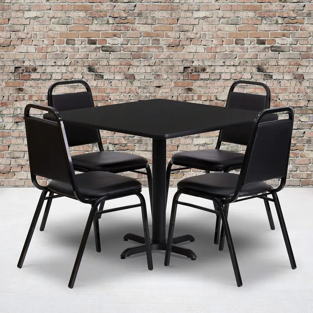 Set meja makan persegi 5 buah, dengan dasar X dan 4 kursi belakang trapesium tahan lama restoran Cafe Banquet Furniture