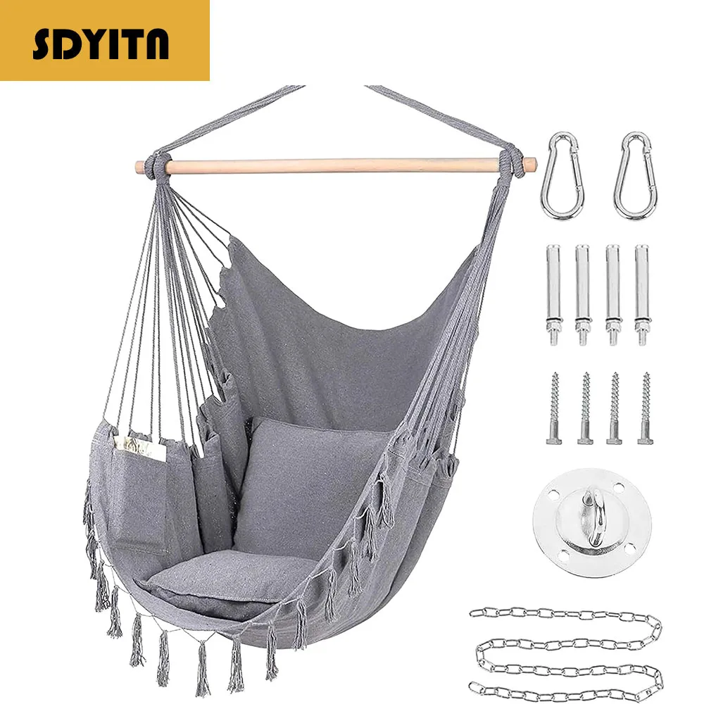 

Hanging Rope Hammock Chair Hanging Rope Swing Seat with 2 Pillows Hardware Kit Perfect for Outdoor/Indoor Yard Patio and Garden