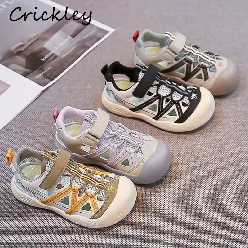Mesh Hollow Out Children Summer Sports Breathable Hook Loop Boys Girls Casual Shoes Closed Toe Soft Sole Kids Sneakers