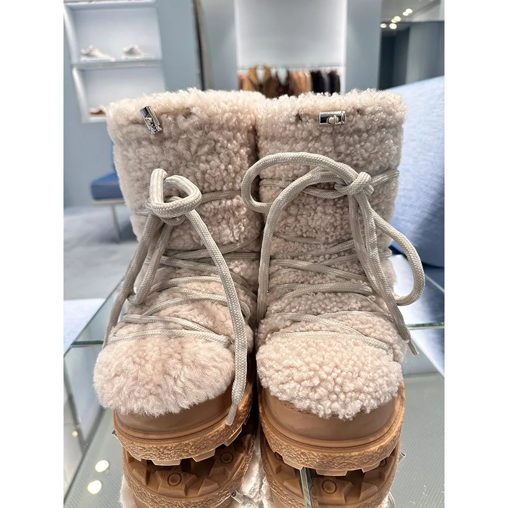 NIGO Women\'s Fall And Winter White Lamb Wool Snow Boots Warm Lace-up Elegant Versatile Fashion Casual Short Boots #NGSH1235