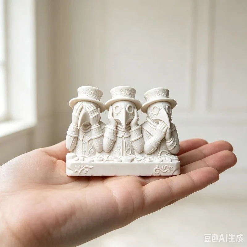 3D Printed Three Plague Doctor Statue See No Hear No Speak No Evil White Vintage Carved Sculpture Gothic Desktop Decor Ornament