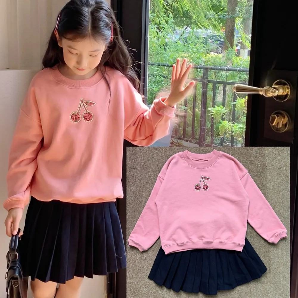 

kids hoodie girls clothes Pink French style sweatshirt fabric patchwork embroidered cherry pattern pullover