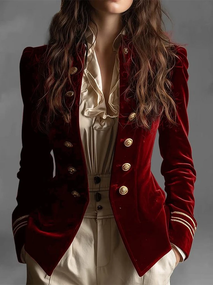 Elegant Velvet Blazers Coat For Women Slim Fit Tops Chic Stand Collar Long Sleeve Jacket Outerwear Office Lady Autumn Winter