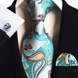 Blue Silver Paisley Ties For Men 8cm Wide Wedding Necktie Pocket Square Cufflinks Gift Set Suit Party Business Accessories