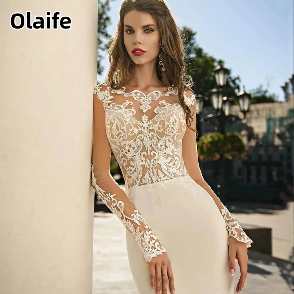 Olaife Elegant Long Satin Mermaid Wedding Dresses Lace Appliques Long Sleeves Robe De Mariée Sirène For Women Vestido De Noiva