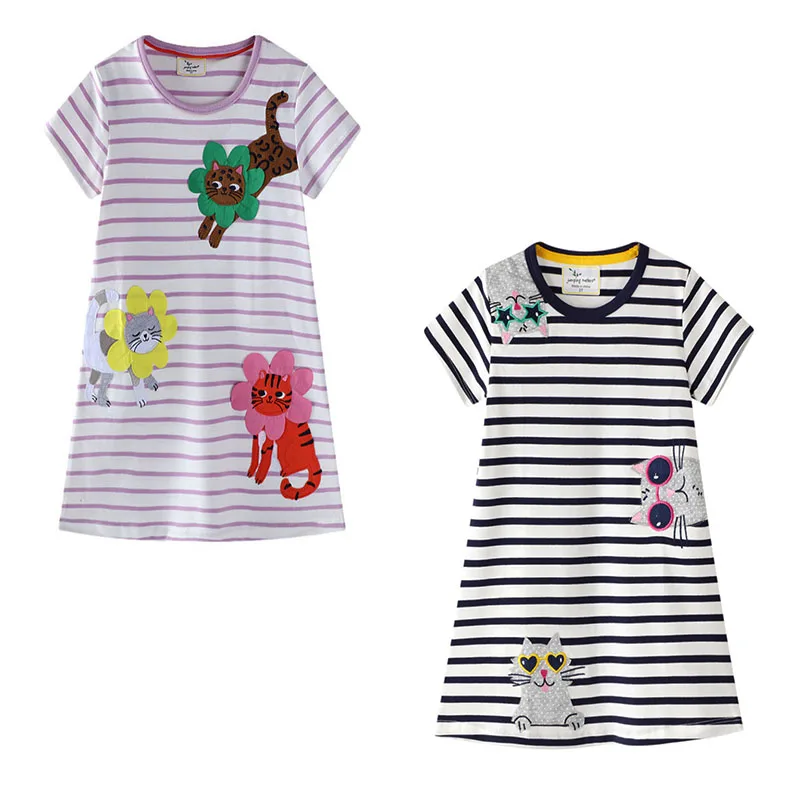 

Jumping Meters 2-7T New Hot Selling Cotton Princess Cats Embroidery Striped Girls Dresses Summer Fashion Cute Children Clothes