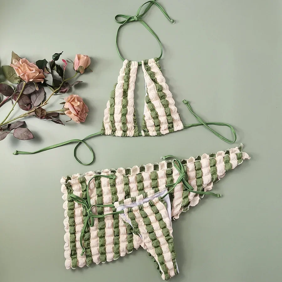 Three Piece Bikini Women 2024 Patchwork Color Lattice Swimsuit Skirt Bathing Suit High Waist Thong Summer Beachwear Swimwear New