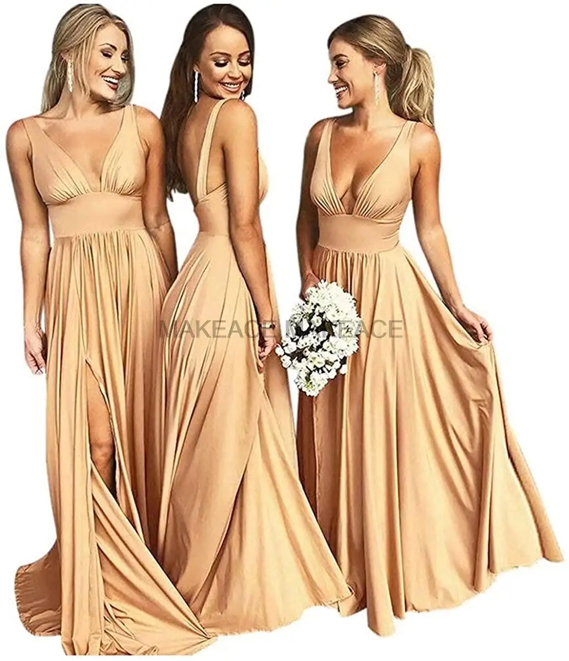 Long V-Neck Pleated Bridesmaid Dresses With Pockets A-Line Stretchy Split Robes De Soirée Wedding Formal Dress  Customized