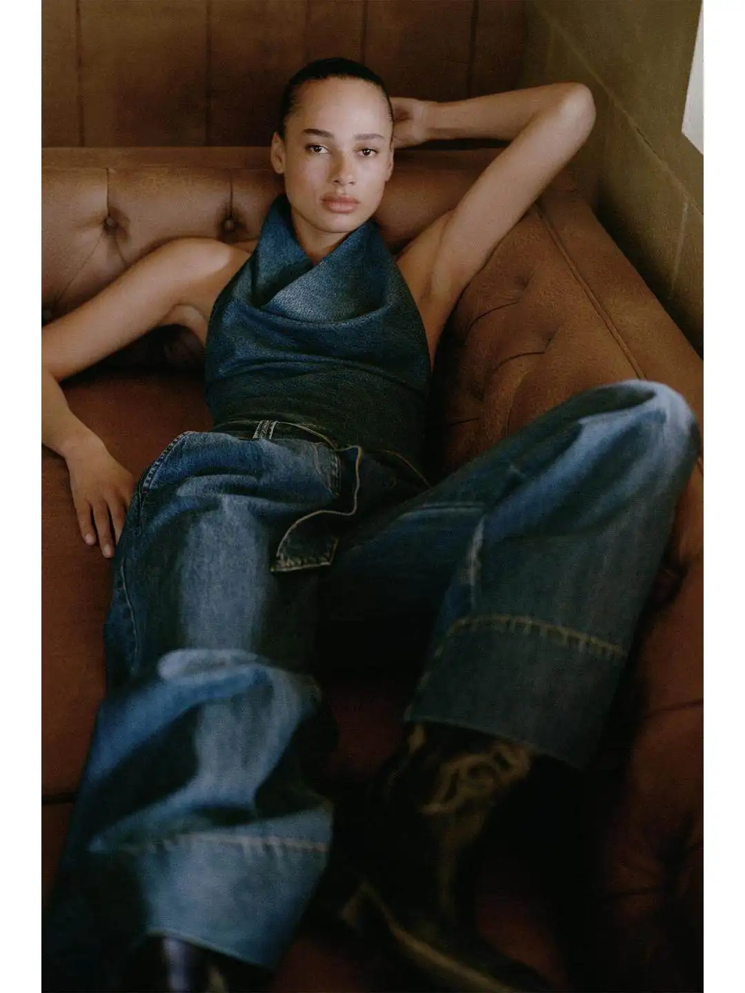 

Spring Wide Leg Denim Jumpsuit Backless Design Belt Decoration Drapey Feel Ladies Loose Fit Blue Jeans No Brand Registered