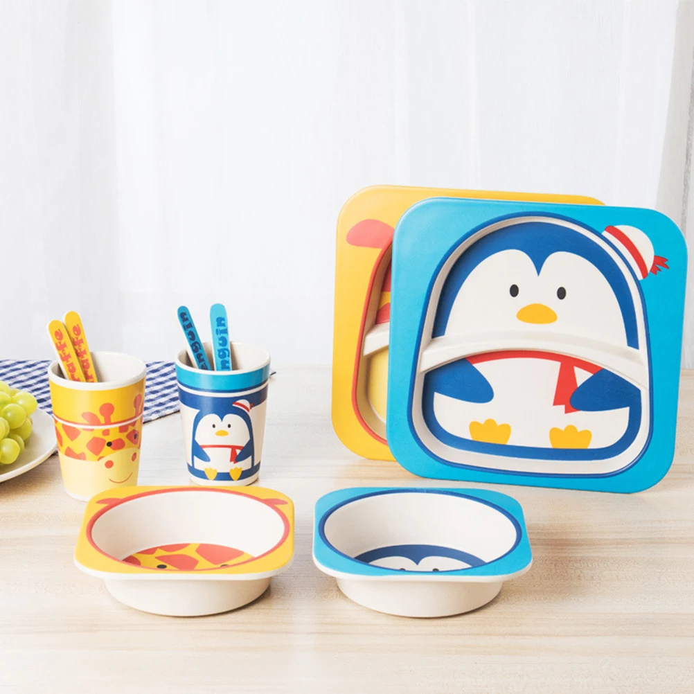

5 Pcs Cartoon Bamboo Fiber 's Tableware Tumblers Giraffe Plates and Spoons