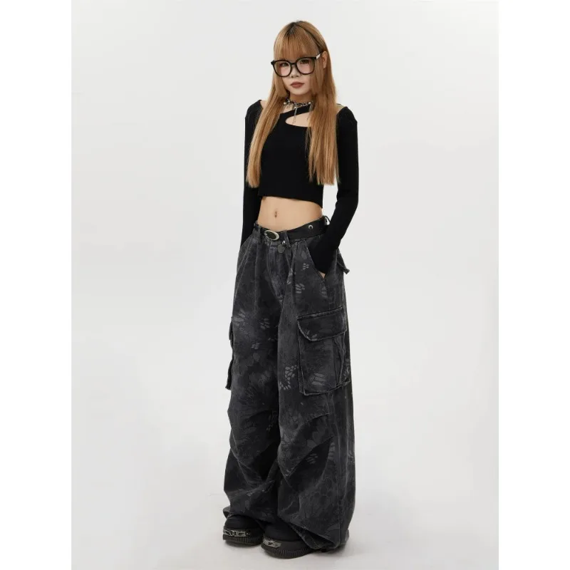 

Свободные женские джинсы больших размеров, повседневные широкие джинсовые брюки, американская уличная одежда, камуфляжный змеиный узор