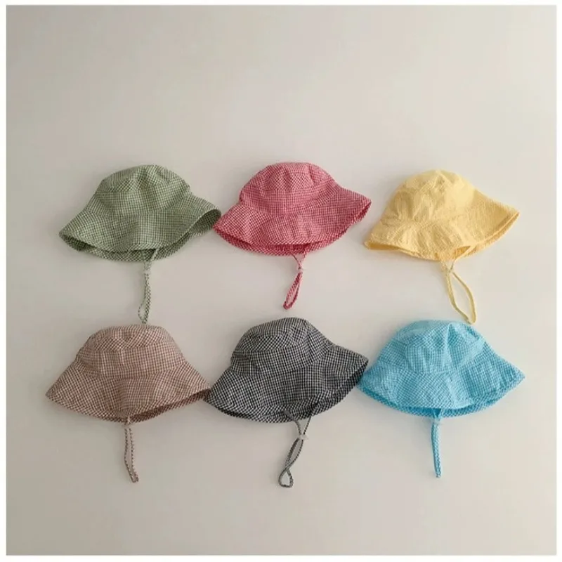 

Korean Style Baby Fisherman Hat Thin Cotton Plaid Caps Kids Boys and Girls Infant Baby Sun Hat Children's Bucket Hat