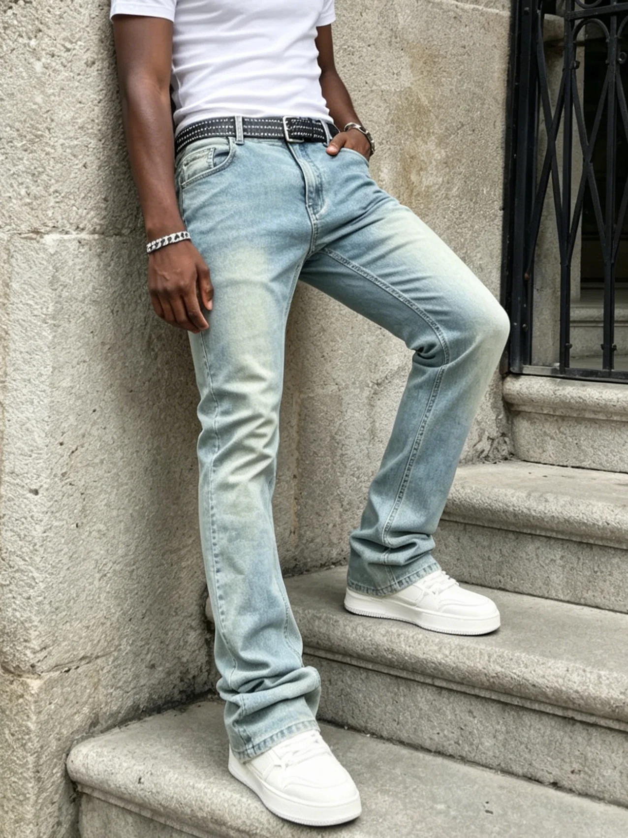 【HME】Men's Jeans | Light Vintage Wash Denim Pants, Men Bootcut Flare Denim Jeans, Classic Five‑Pocket Design, Soft Tough Denim Fabric, Casual Loose‑Thigh Flared Bottom Trousers For Daily Street Wear