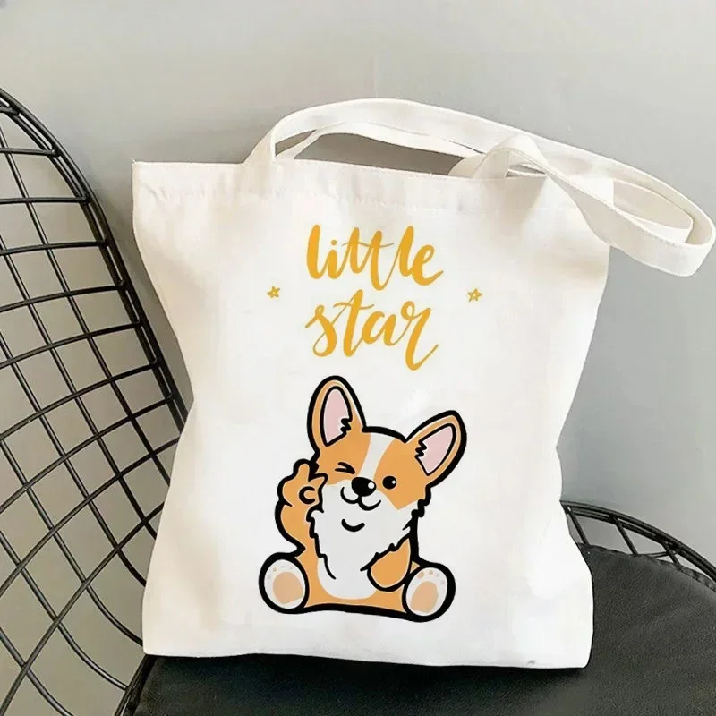 Cute Cartoon Corgi Harajuku Canvas Tote Shoulder Bag Women Large Capacity Eco Friendly Reusable White Daily Shopping Bag