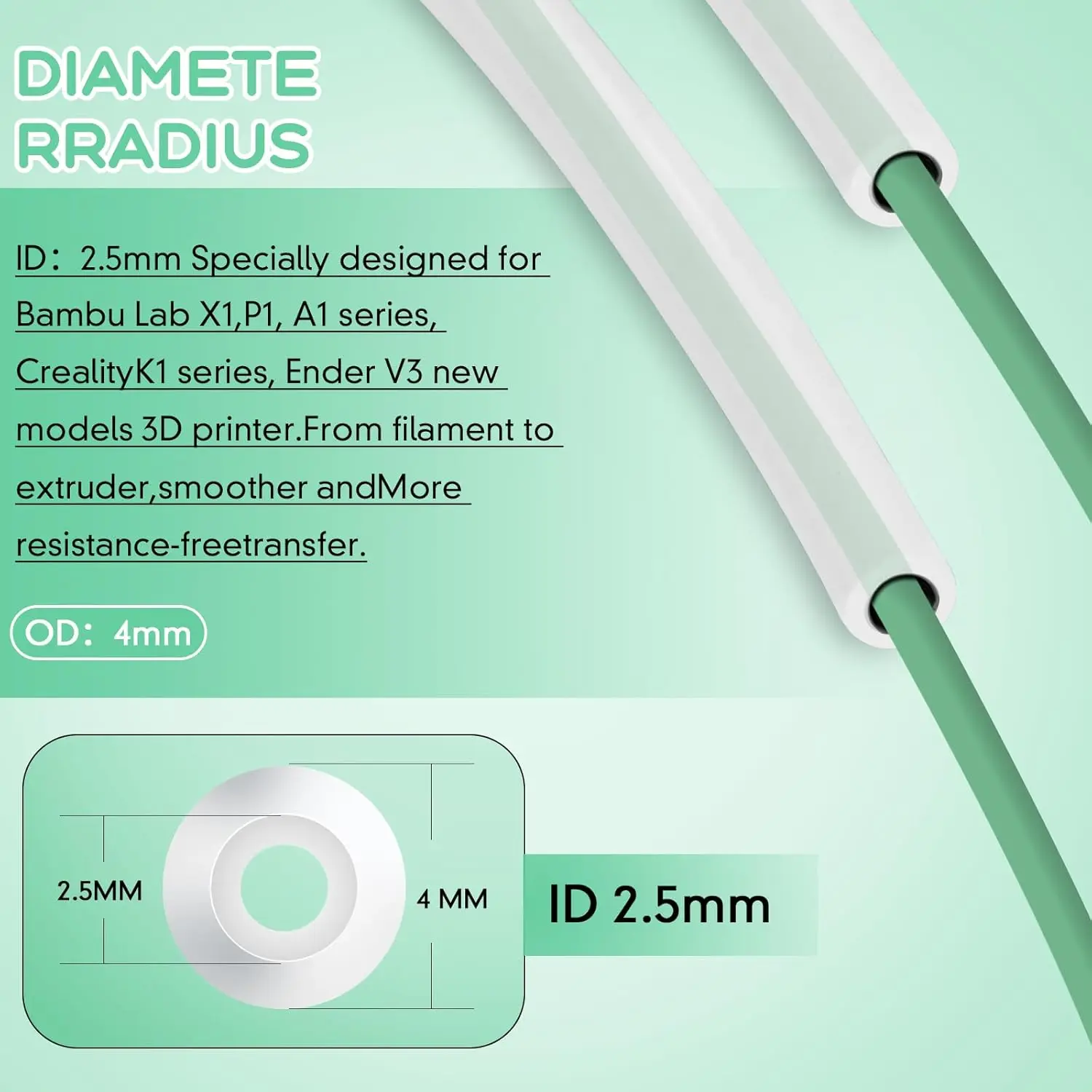 2.5x4MM PTFE Bowden Tube For 3D Printer Bambu Lab A1/P1/X1 Series Creality Ender 3/V3/K1 Teflon Filament Tube Transparent/White