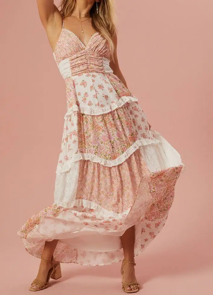 ผู้หญิงฤดูร้อนโบฮีเมียนวันหยุดชุดยาวดอกไม้พิมพ์สปาเก็ตตี้ Cami ชุดแฟชั่น V คอชุดลําลอง S M L