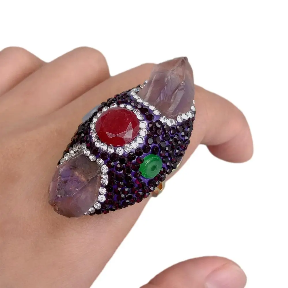 Y·YING Natural Amethyst Double Point Jade Crystal Pave Open Ring Jewelry Gift