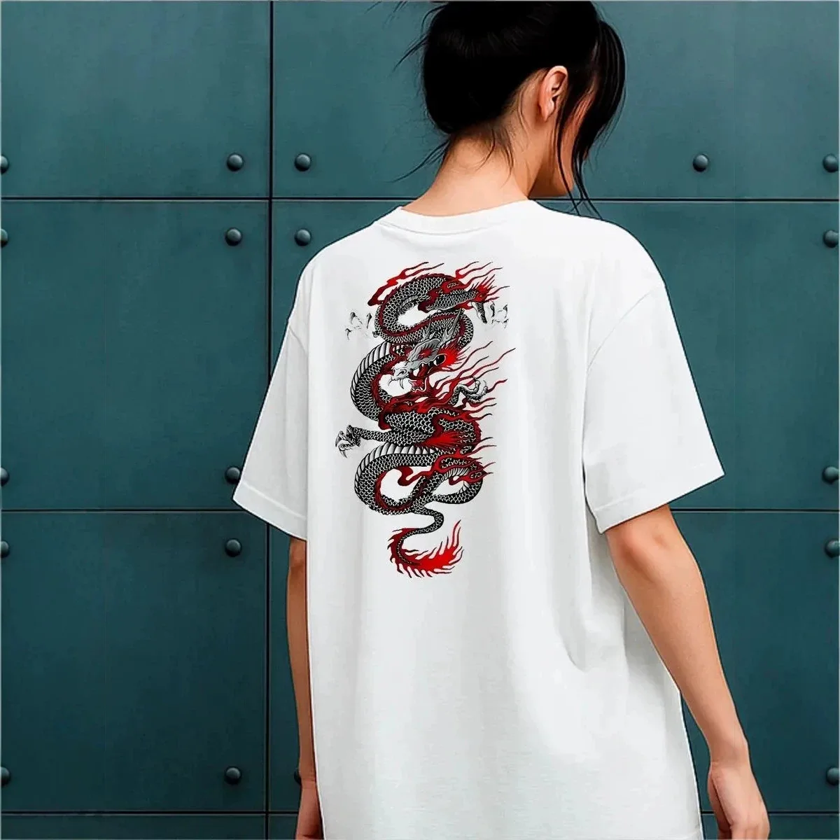 New100% Soft Cotton Y2K Alt Street White Oversized Tee Red Black Oriental Dragon Tattoo Ink Flame Print Hip Hop Grunge Punk Top