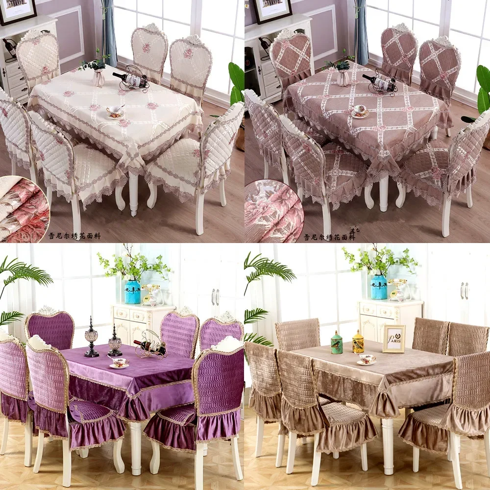 

High Grade Luxurious Chenille\Linen Dining Table cloth set 1PCS Lace Tablecloth Round ectangle 6PCS Chair Cover Bundle Sale F