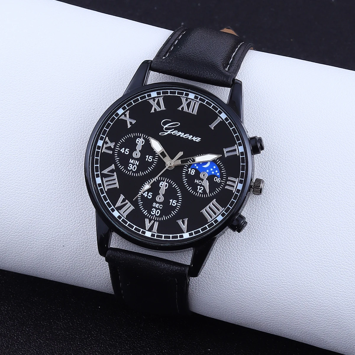 3pcs classic star pattern Roman leather men\'s quartz watch and alloy bracelet ring cross necklace set travel matching pieces