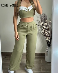 Women Chic Spaghetti Straps Crop Top & Solid Bottoms Pants Sweet Sexy Pants Sets