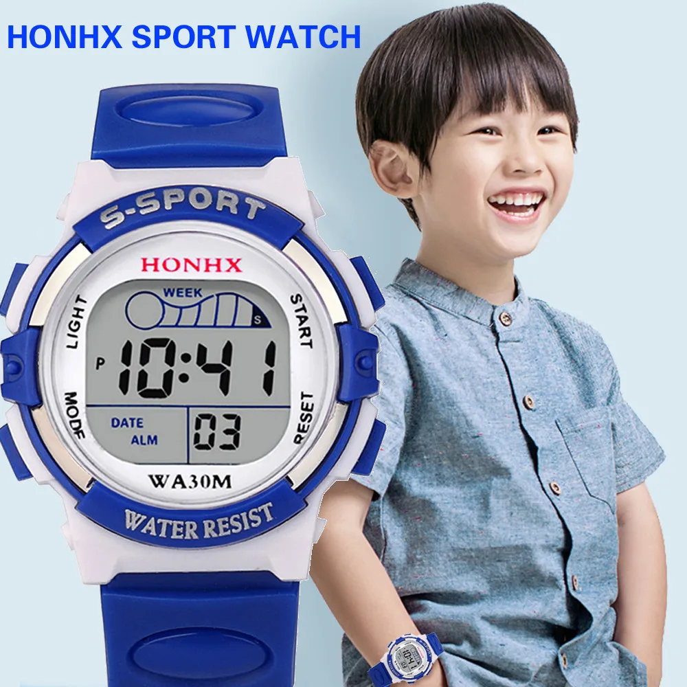 Montres de sport électroniques pour enfants, couleur lumineuse, cadran LED, étanche, réveil multifonction, pour garçons et filles