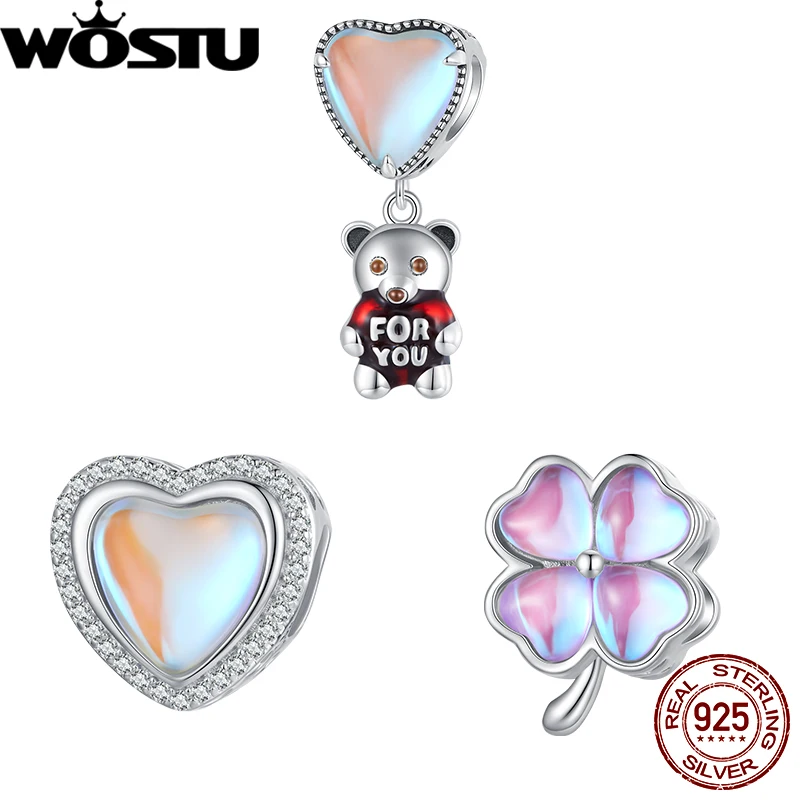 WOSTU 925 Sterling Silver Heart-shaped Moonstone Charm Fully Zircon Four-leaf Clover Bead for Women Fit Bracelet Jewelry Gift