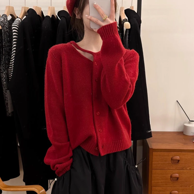 

Модный милый кардиган, корейский свитер, красный женский вязаный топ с круглым вырезом, весенне-осеннее однобортное повседневное пальто