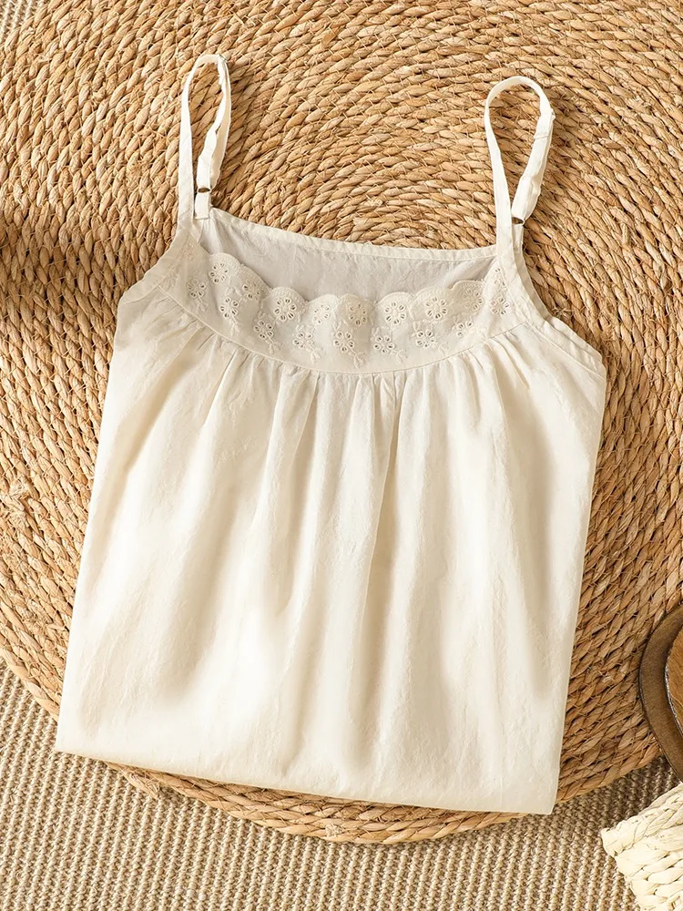 Summer  Style Women's Lace Strap Vest Loose Fit Base Layer Shirt Sleeveless Top Breathable Transparent Embroidery Design