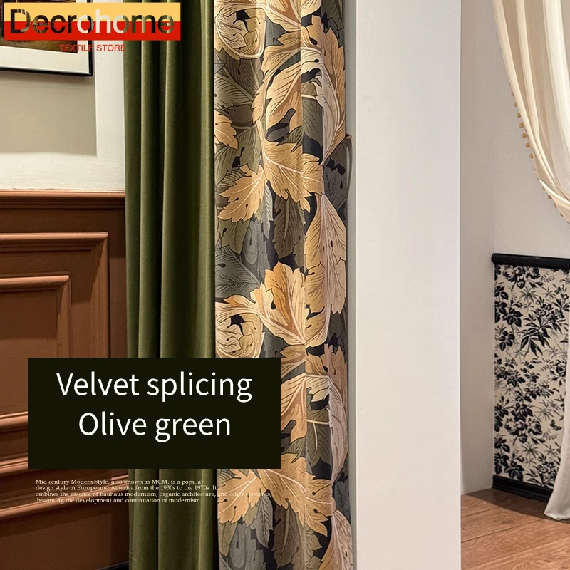 

Vintage Olive Green Jacquard Velvet Splicing Thickened Thermal Insulation Curtains for Living Room Bedroom French Window Balcony