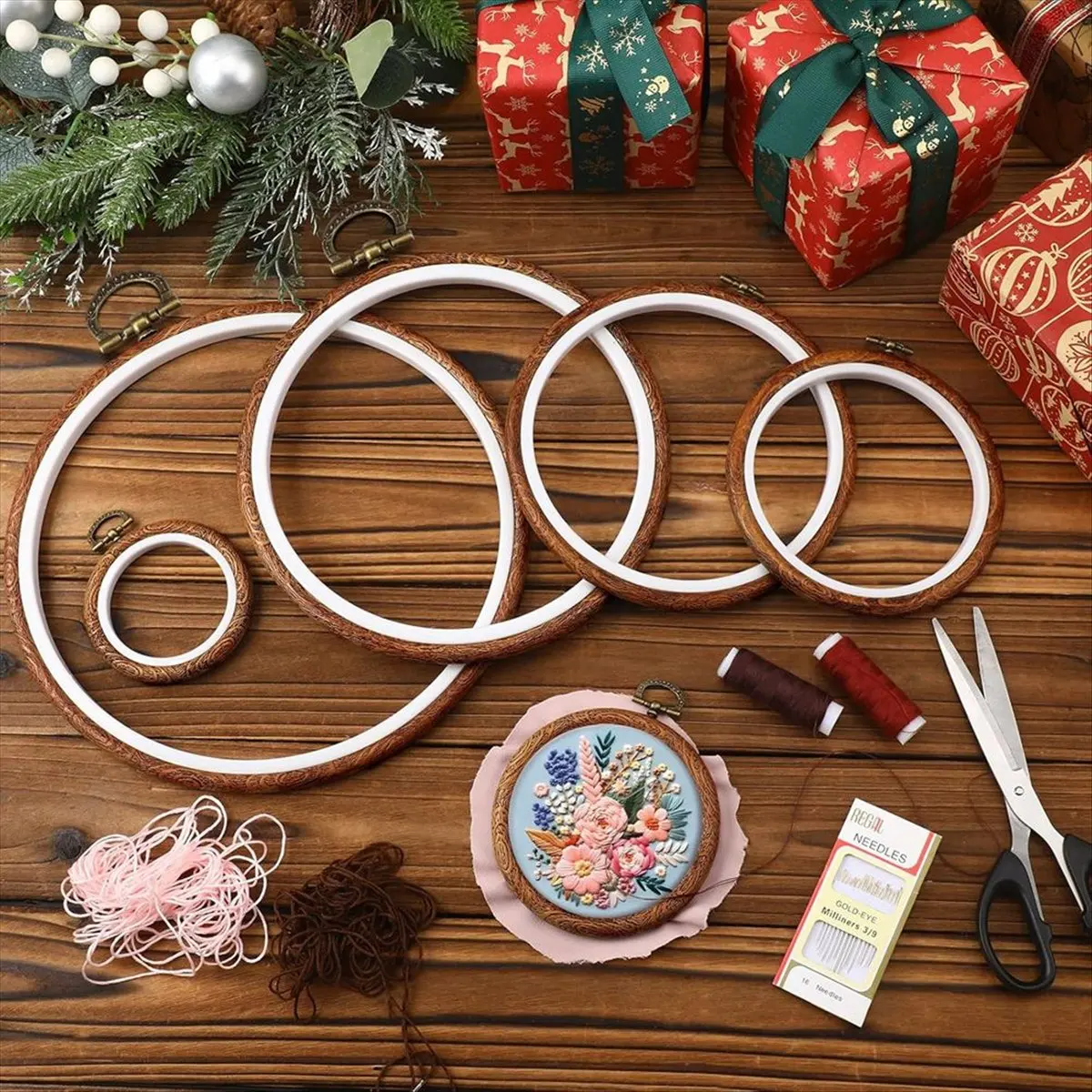 6 Size Imitated Wood Round Embroidery Hoops Frame with 16 Needles-Circle Rubber Hoops Ring for Craft Sewing DIY Hanging