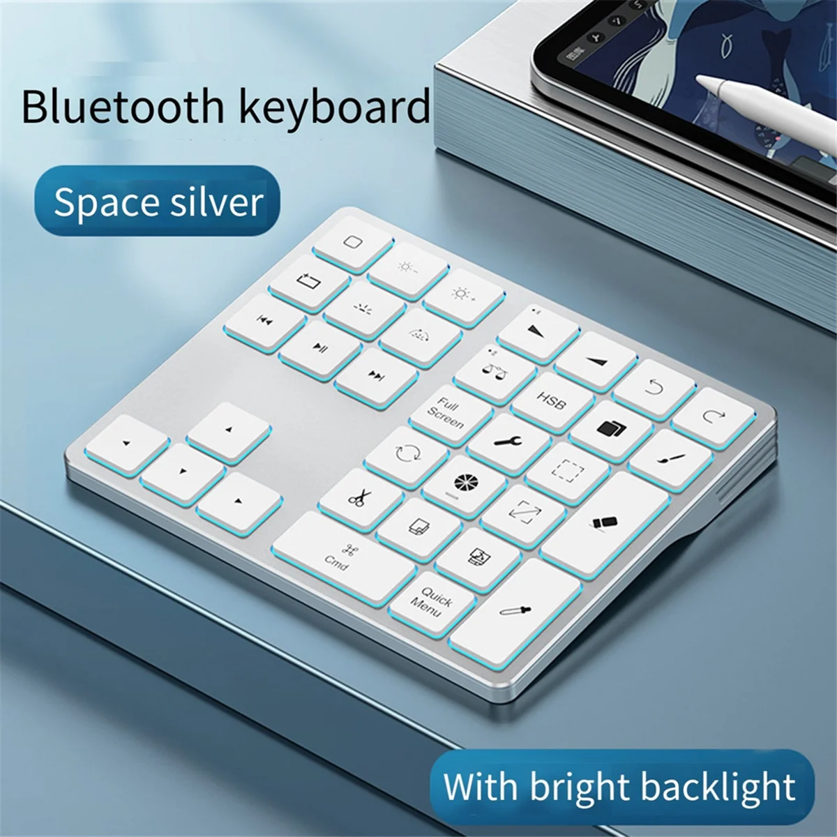 Bluetooth Keypad with Backlit Procreate Number Pad Rechargeable Keyboard Drawing Shortcuts for iPad Graphic Tablets-B