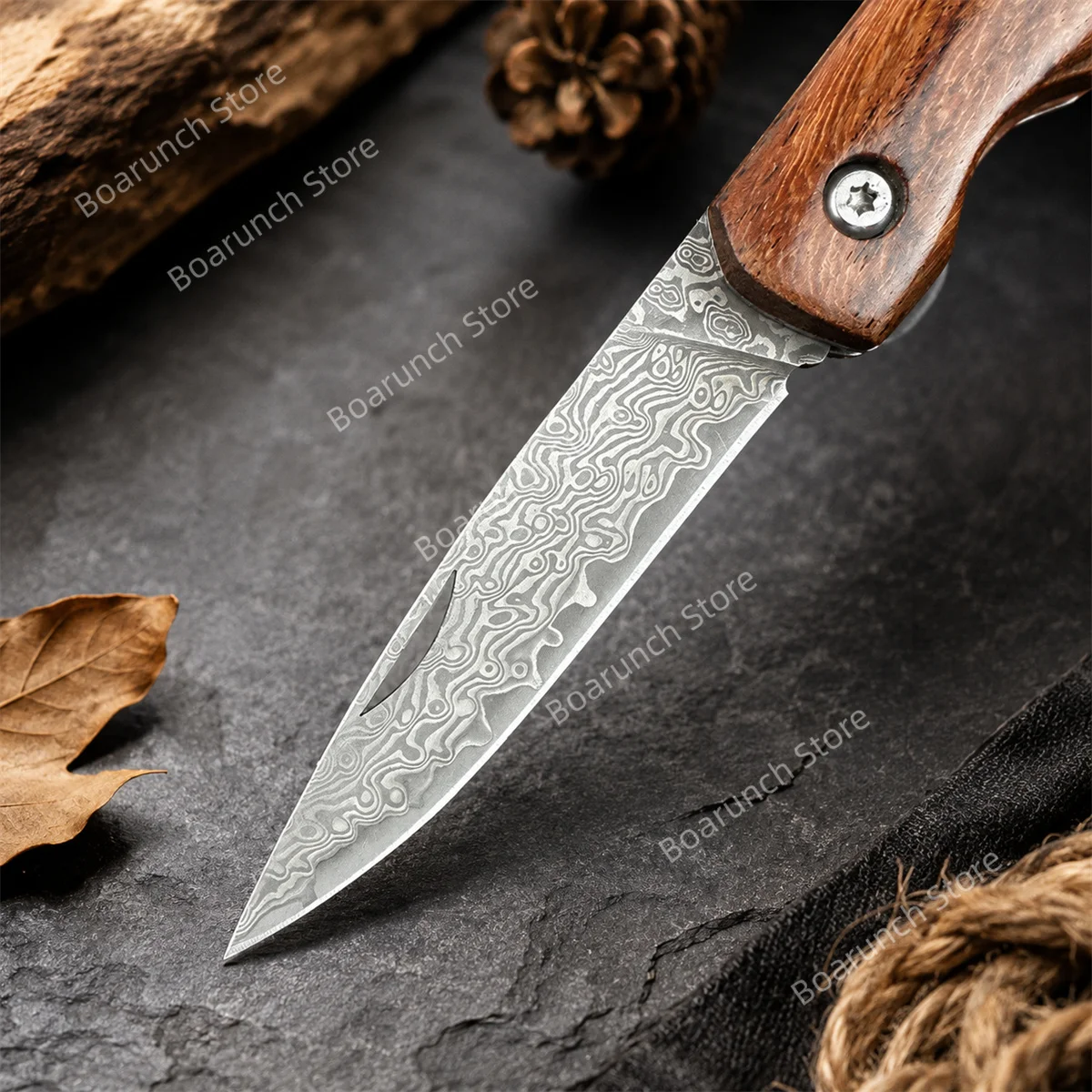 Damascus Steel Folding Pocket Knife Dragon Pattern Wood Handle Outdoor EDC Camping Knife Hiking Knife Fishing Knife