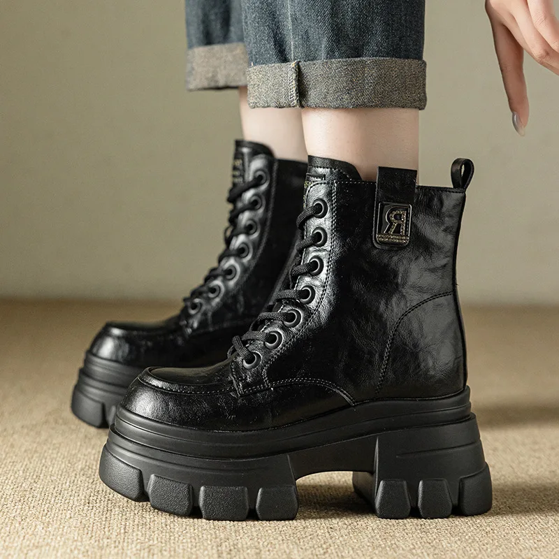 

Women Ankle Boots Genuine Leather 2025 New Retro Lace-up High-heel Women Short Boots Large-size Non-slip Platform Female