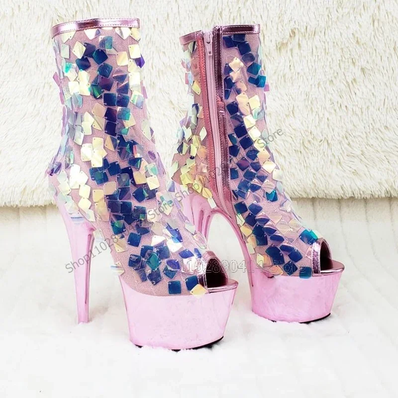 

Colorful Sequins Decor Pink Platform Boots Mid Calf Side Zipper Women Shoes Thin High Heel Peep Toe New 2023 Zapatos Para Mujere