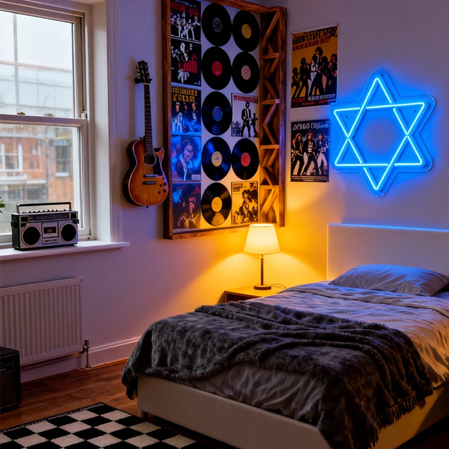 Hanukkah Decorations Star of David Blue Neon Window Lights, LED Neon Sign Lights with Timer for Jews Judaism Synagogue