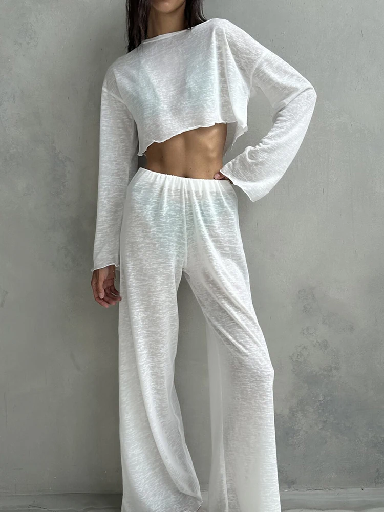 Linad Loose Pajamas For Women 2 Piece Sets White Long Sleeve O Neck Crop Top Female Trouser Suits 2024 Autumn Casual Sleepwear