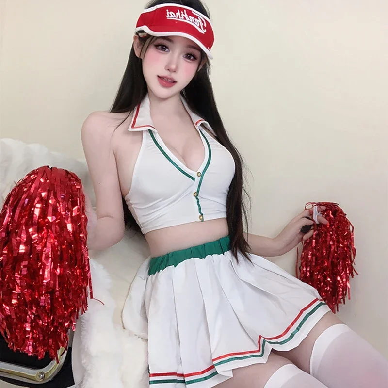 Anime giapponesi Scuola Cheerleader Ragazza Uniforme Donna Calcio Babe Sprots Top in due pezzi e minigonna Abiti Costumi Cosplay