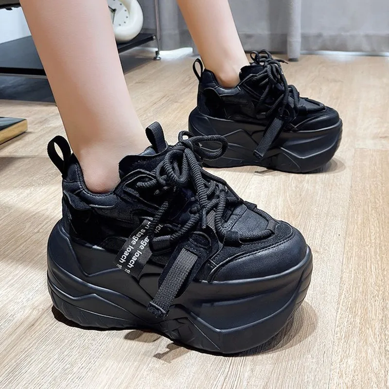 

2026 Leather Shoes for Women Lace Up Womens Vulcanize Shoes Spring Round Toe Solid Breathable Comfortable Casual Chunky Sneakers