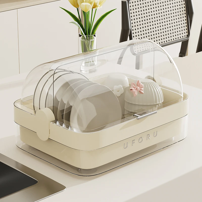 UFORU Household multi-functional drain bowl rack Kitchen bowl storage  rack with cover dustproof plastic large capacity rack