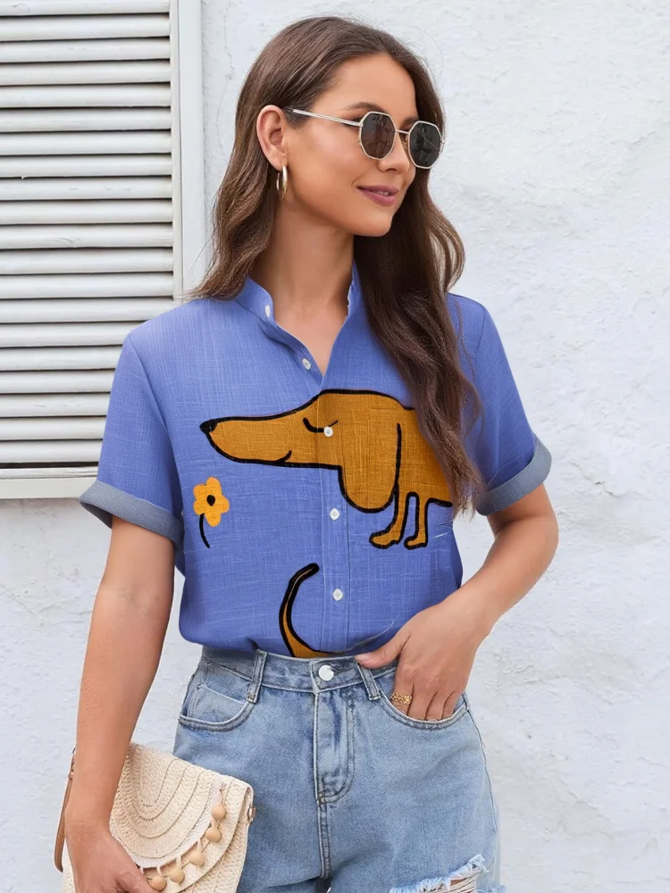 

Fashion Funny Dog Printed Short Sleeve Shirt Casual Loose 2025 Summer Stand Collar American Style Chic Button Down Tunics Man