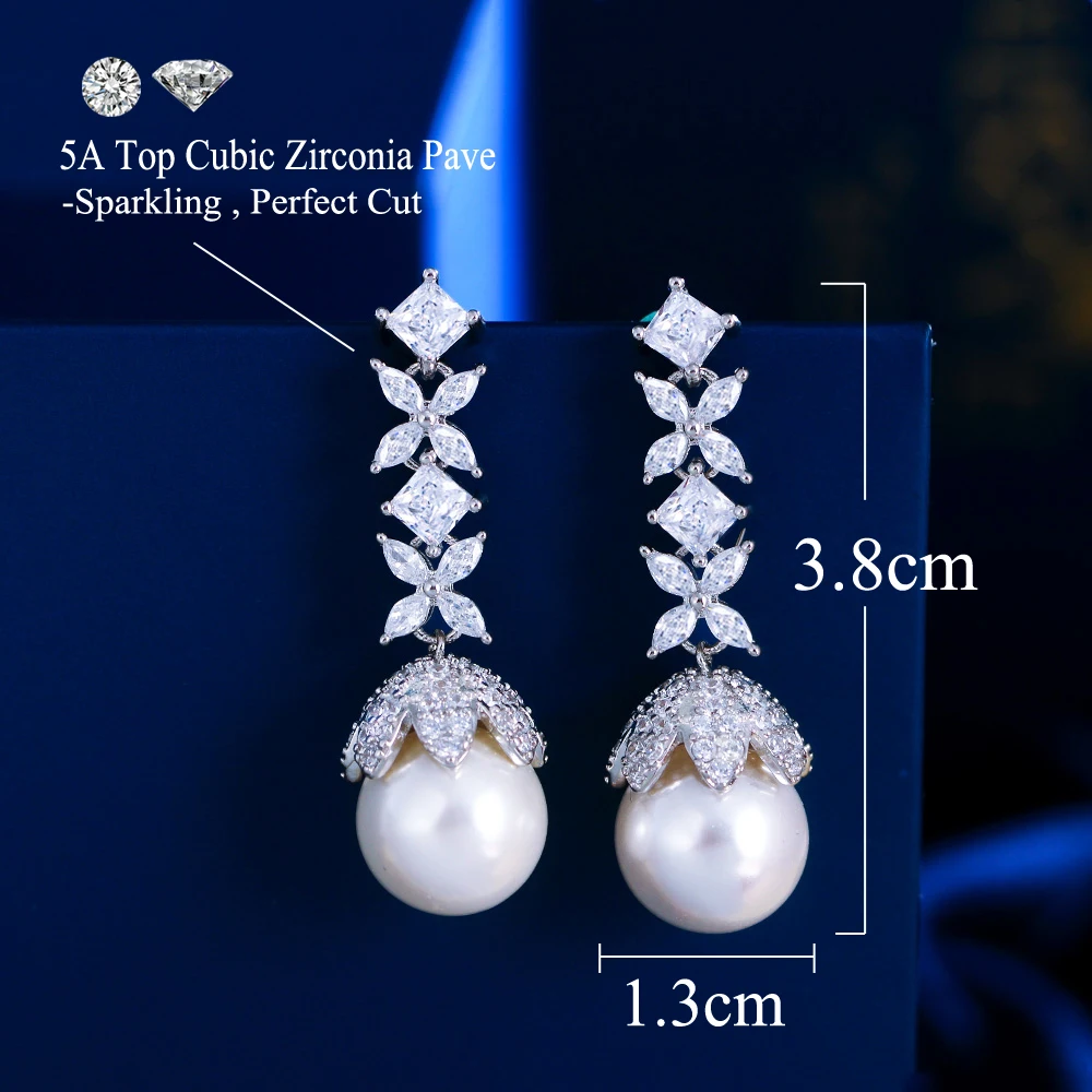 ThreeGraces New Fashion Shiny Zircon Simulated Pearl Long Leaf Flower Drop Earrings for Women Bridal Wedding Party Jewelry E1910