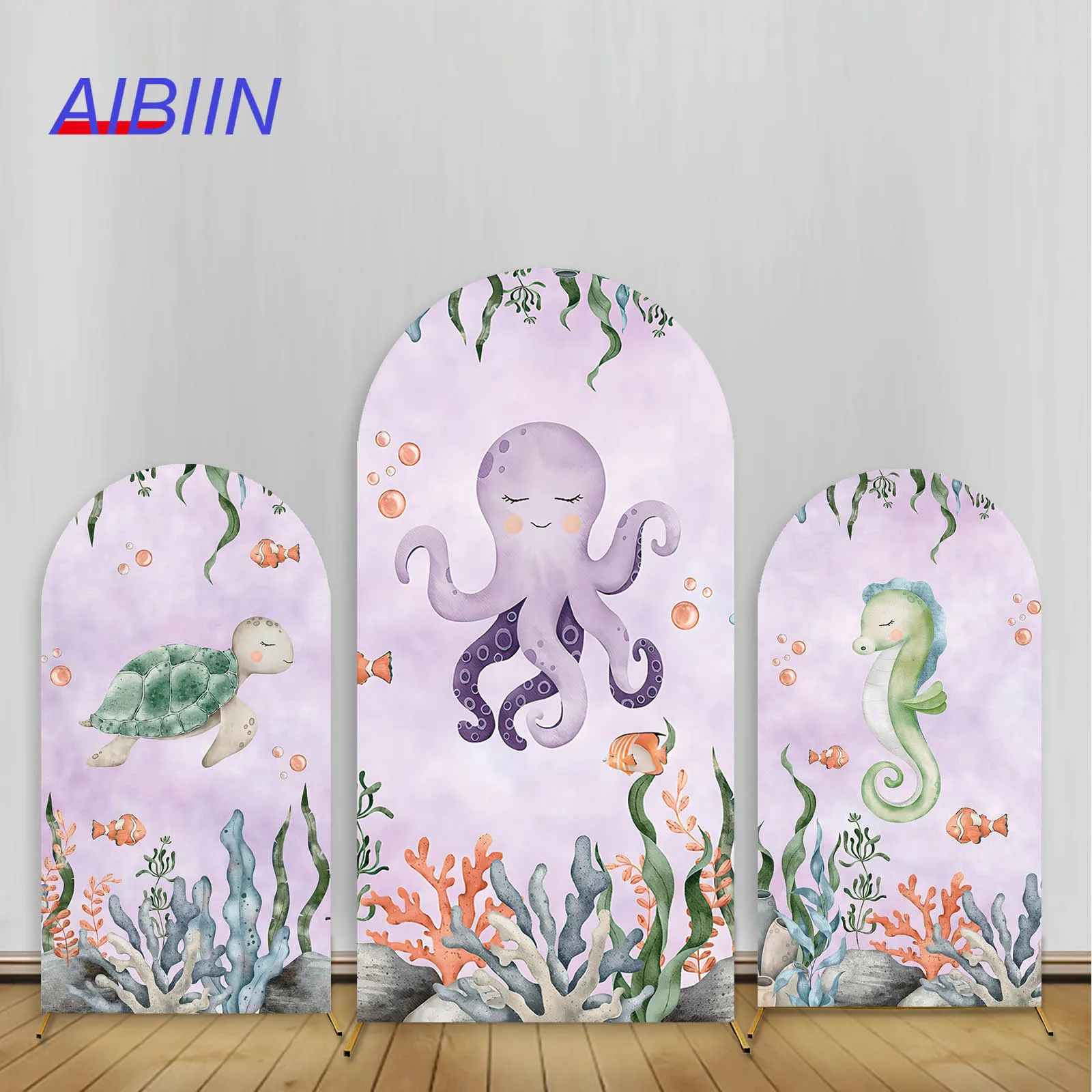 

Underwater Sea Animal Arch Backdrop Cover Cute Octopus Turtles Coral Purple Birthday Party Decor Baby Shower Cake Background