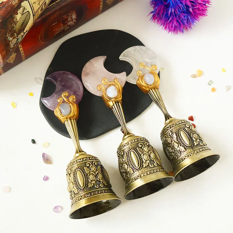 Crystal Moon Top Brass Altar Bell Wiccan Witchcraft Supplies, Spiritual Decor, Witch Gift for Altar Use