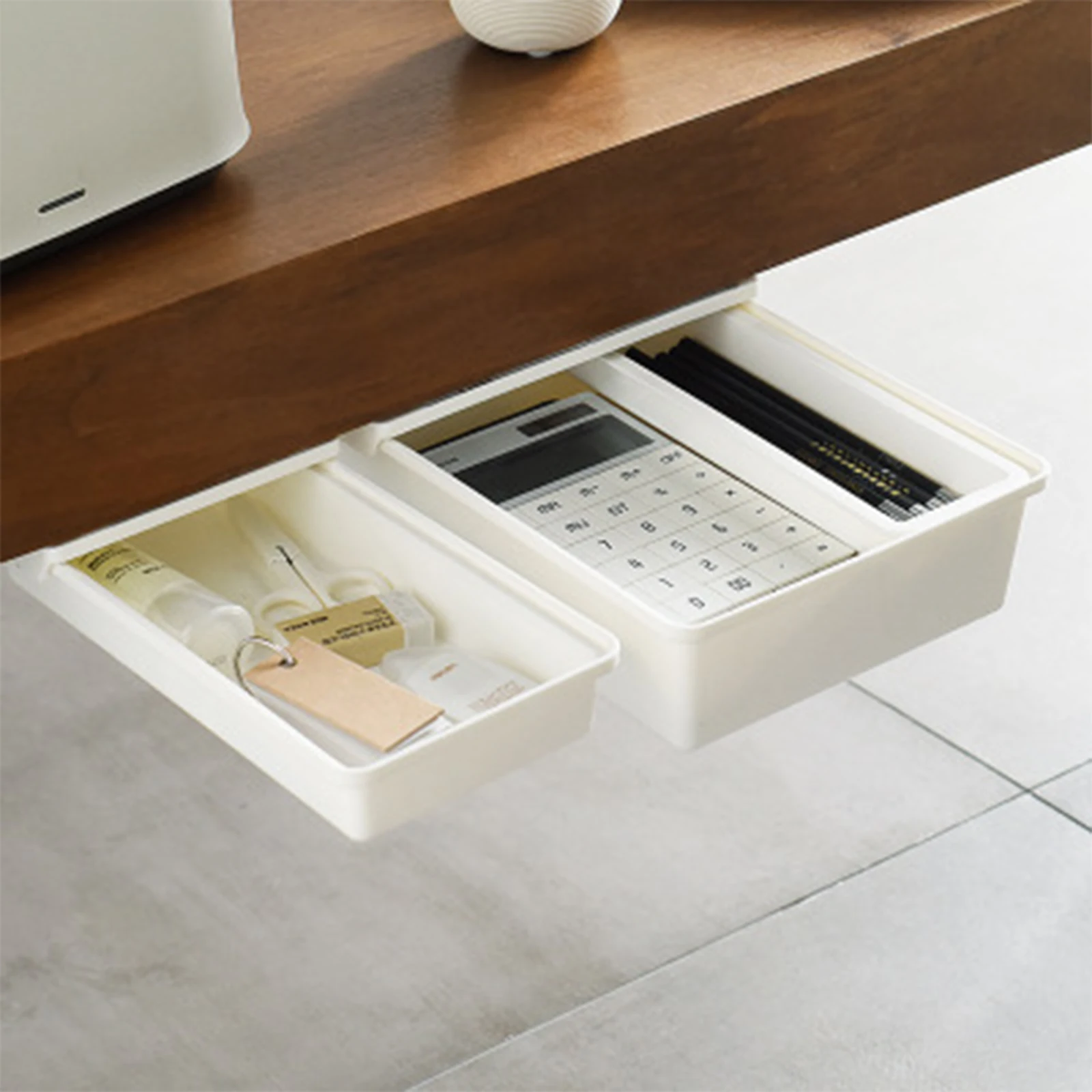 

Self-Adhesive Under Table Drawer Tall PP Pen Holder Office Stationery Container Hidden Desk Organizer for School